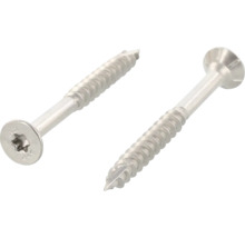 Twee houtschroeven met verzonken kop, torx-kop en deeldraad.