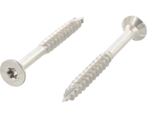 Twee houtschroeven met verzonken kop, torx-kop en deeldraad.