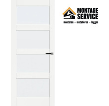 Witte binnendeur met vier glazen panelen en Montage Service Logo.