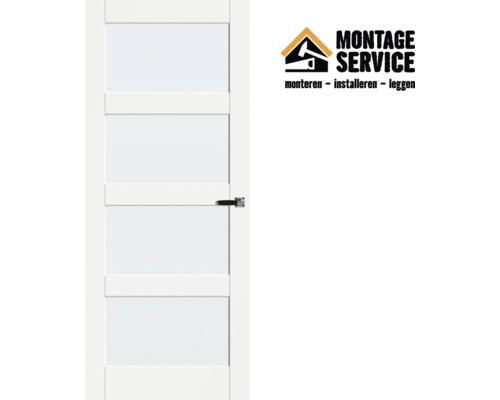 Witte binnendeur met vier glazen panelen en Montage Service Logo.