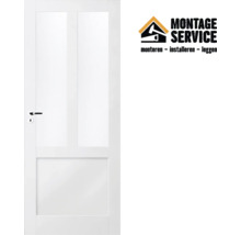 Witte binnendeur met glaspanelen en Montage Service Logo.