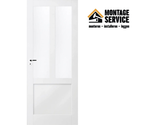 Witte binnendeur met glaspanelen en Montage Service Logo.