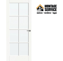 Witte binnendeur met glaspanelen en deurklink inclusief Montage Service logo.