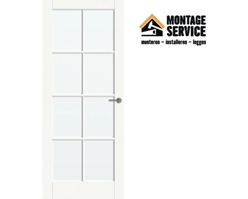 Witte binnendeur met glaspanelen en deurklink inclusief Montage Service logo.