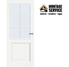 Montage Service Logo en witte binnendeur met glas, roeden en zilverkleurige deurkruk.