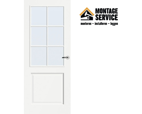 Montage Service Logo en witte binnendeur met glas, roeden en zilverkleurige deurkruk.