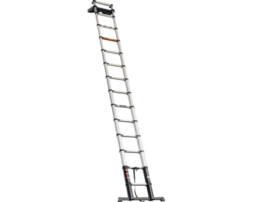 Telescopische aanleladder van aluminium met stabiliteitsbalk en gereedschapsbak bovenaan.