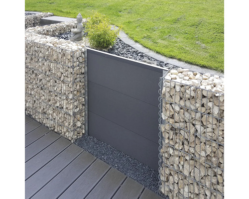 Moderne tuin met schanskorven van metaal gevuld met stenen en een privacyscherm van panelen naast een terras.