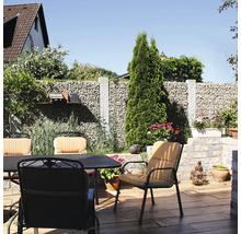 Zitset op een terras met een schanskorfmuur, tuinstoelen met kussens en een tuintafel op een vloer met houtlook.
