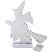 LED-decoratiefiguur heks op bezem met standaard en batterijvak voor Halloween.