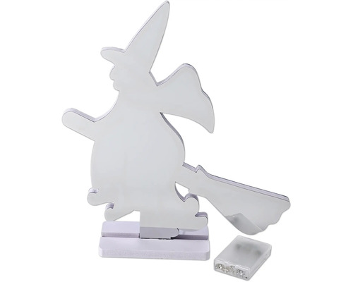 LED-decoratiefiguur heks op bezem met standaard en batterijvak voor Halloween.