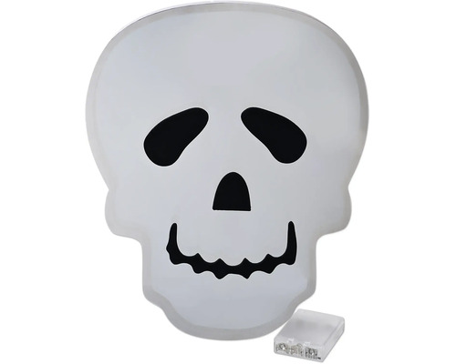 Witte LED-decoratieverlichting in de vorm van een schedel voor Halloween met apart batterijvak.