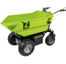 Zipper elektrische kruiwagen met groene bak, vier luchtbanden en een zwart onderstel voor het transport van losse materialen.