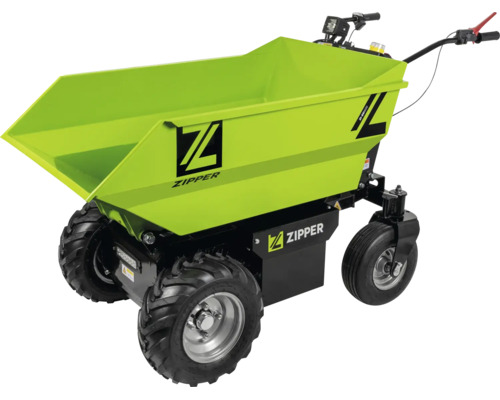 Zipper elektrische kruiwagen met groene bak, vier luchtbanden en een zwart onderstel voor het transport van losse materialen.