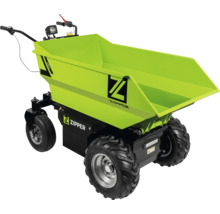 Elektrische minidumper Zipper ZI-ED500 met vierwielaandrijving, grote bak en terreinbanden voor materiaaltransport.