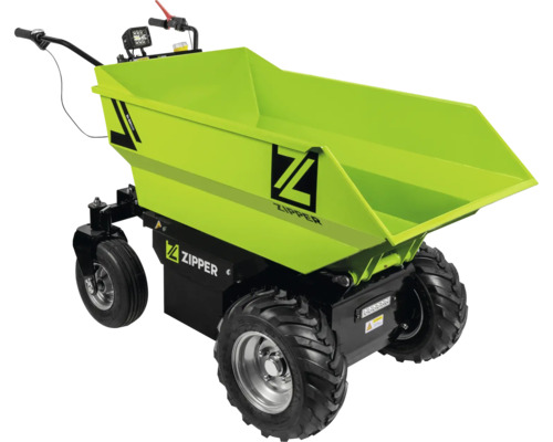 Elektrische minidumper Zipper ZI-ED500 met vierwielaandrijving, grote bak en terreinbanden voor materiaaltransport.