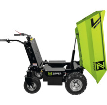 Zipper elektrische dumper met vier wielen en een omhoog gekantelde groene bak.