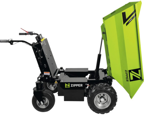 Zipper elektrische dumper met vier wielen en een omhoog gekantelde groene bak.