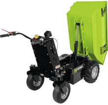 Zipper gemotoriseerde dumper met vier wielen en een omhoogstaande groene hydraulische kiepcontainer.