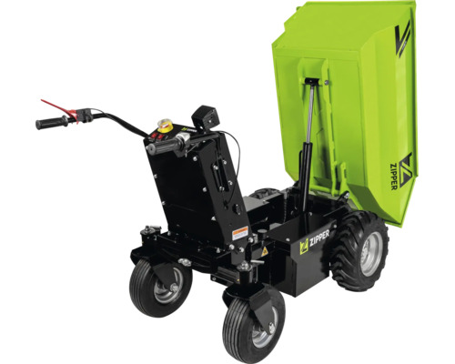 Zipper gemotoriseerde dumper met vier wielen en een omhoogstaande groene hydraulische kiepcontainer.