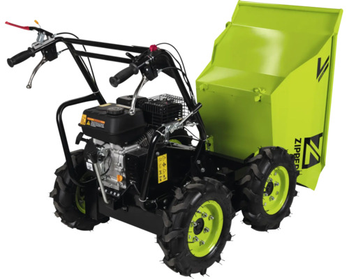 Zipper benzine minidumper met vierwielaandrijving en mechanische kiepfunctie voor materiaaltransport.