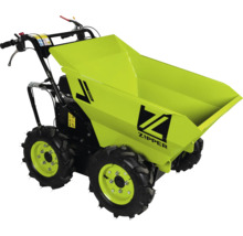 Zipper minidumper ZI-RD300 met vierwielaandrijving, vier terreinbanden en een grote metalen kiepbak.
