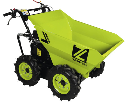 Zipper minidumper ZI-RD300 met vierwielaandrijving, vier terreinbanden en een grote metalen kiepbak.