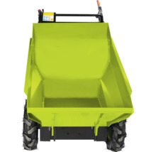 Gemotoriseerde minidumper met grote metalen bak en terreinbanden voor ruw terrein.