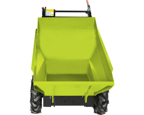 Gemotoriseerde minidumper met grote metalen bak en terreinbanden voor ruw terrein.