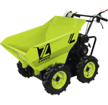 Zipper minidumper met benzinemotor, vierwielaandrijving en kiepbak voor het transporteren van zware materialen op bouwplaatsen of in de tuin.