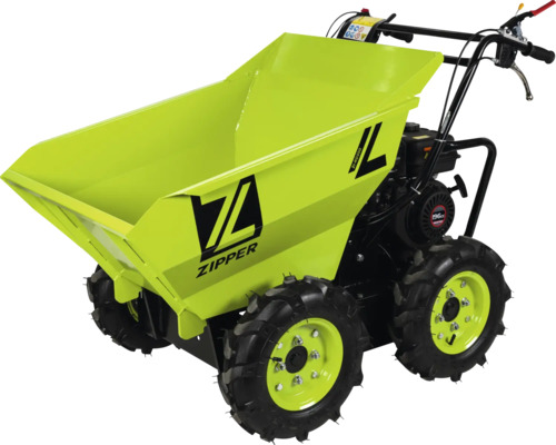 Zipper minidumper met benzinemotor, vierwielaandrijving en kiepbak voor het transporteren van zware materialen op bouwplaatsen of in de tuin.