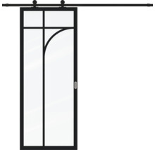 Glazen schuifdeur met zwart metalen frame, industrieel design, inclusief railsysteem en geometrisch patroon.