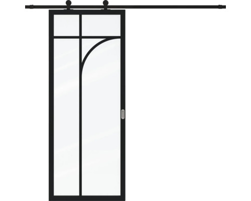 Glazen schuifdeur met zwart metalen frame, industrieel design, inclusief railsysteem en geometrisch patroon.