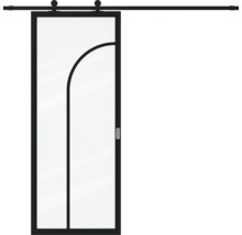 Glazen schuifdeur met zwart frame, gebogen ontwerp en zwarte schuifdeurrail.