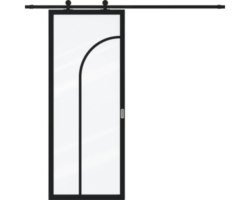 Glazen schuifdeur met zwart frame, gebogen ontwerp en zwarte schuifdeurrail.