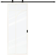 Glazen schuifdeur met wit frame en zwart schuifdeursysteem.