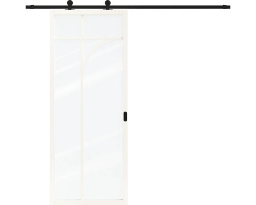 Glazen schuifdeur met wit frame en zwart schuifdeursysteem.