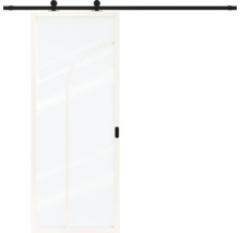 Moderne glazen schuifdeur met wit frame en zwart railsysteem.