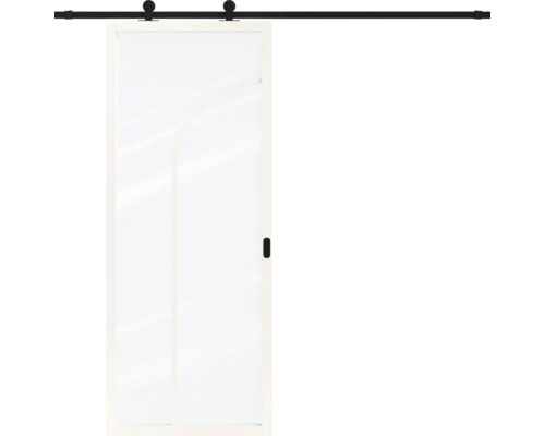 Moderne glazen schuifdeur met wit frame en zwart railsysteem.