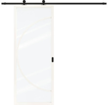 Glazen schuifdeur met wit frame, decoratief patroon op het glas, zwarte rail en handgreep.