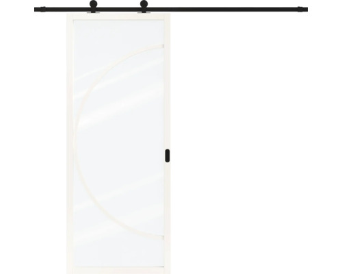 Glazen schuifdeur met wit frame, decoratief patroon op het glas, zwarte rail en handgreep.