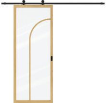 Glazen schuifdeur met houten frame en boogvormig detail, inclusief zwart schuifdeursysteem.
