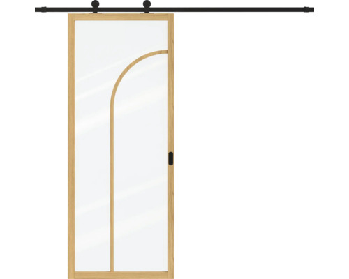 Glazen schuifdeur met houten frame en boogvormig detail, inclusief zwart schuifdeursysteem.