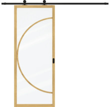 Schuifdeur met houten frame en glasinzet, decoratieve houten boog, zwart schuifdeursysteem met rail.