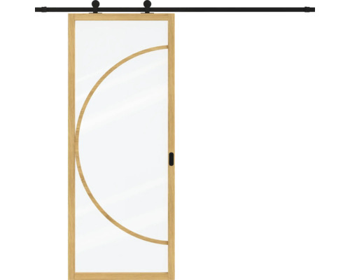 Schuifdeur met houten frame en glasinzet, decoratieve houten boog, zwart schuifdeursysteem met rail.