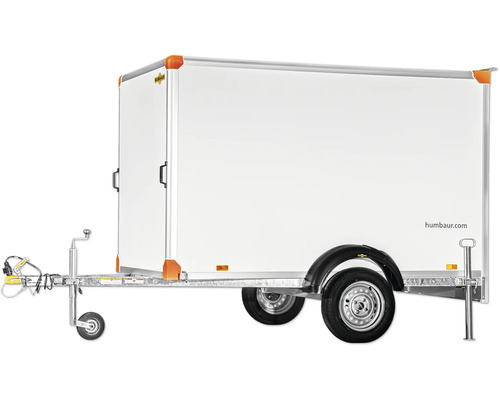 Eenassige gesloten aanhangwagen van Humbaur met verzinkt chassis en neuswiel.