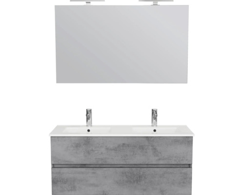 Dubbele wastafel met onderkast in betonlook, twee laden, twee kranen en een grote spiegel met verlichting.