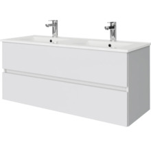 Wandhangende dubbele wastafel met onderkast, twee lades en twee kranen.