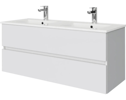 Wandhangende dubbele wastafel met onderkast, twee lades en twee kranen.