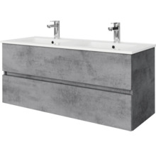 Dubbel wastafelmeubel met onderkast in betonlook, twee lades en twee chromen kranen.